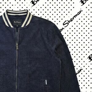 Ben Sherman Men’s Navy Corduroy Bomber Jacket Varsity Striped Trim Full Zip